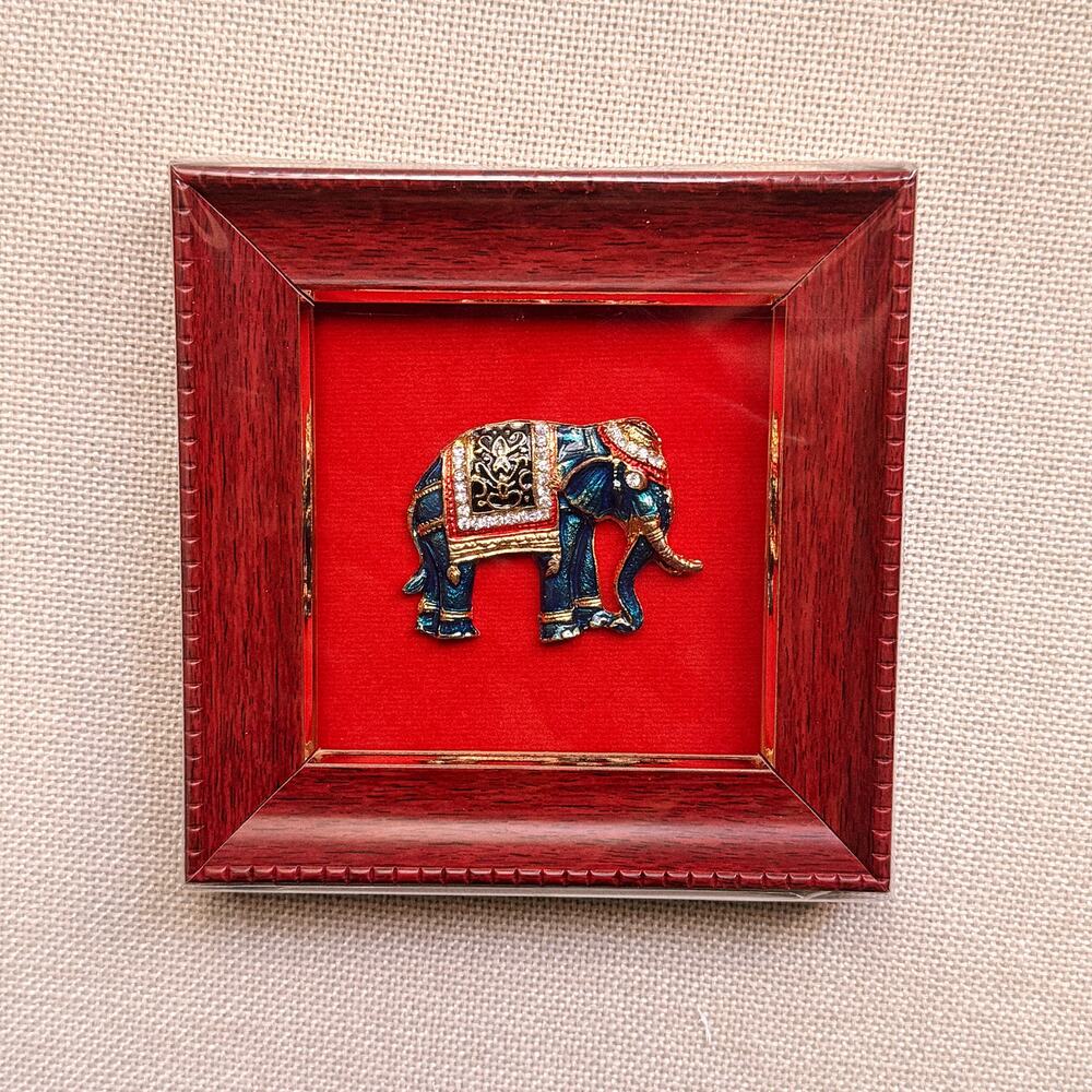 Thai Framed Jeweled Elephant, Red Lacquer Shadow Box